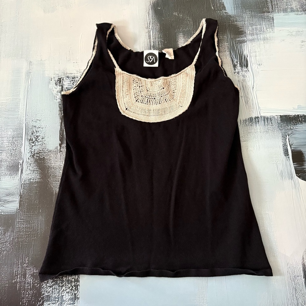 Vintage Saks Fifth Avenue Boho Silk Blend Black Tank Top w/ Crochet Neckline M